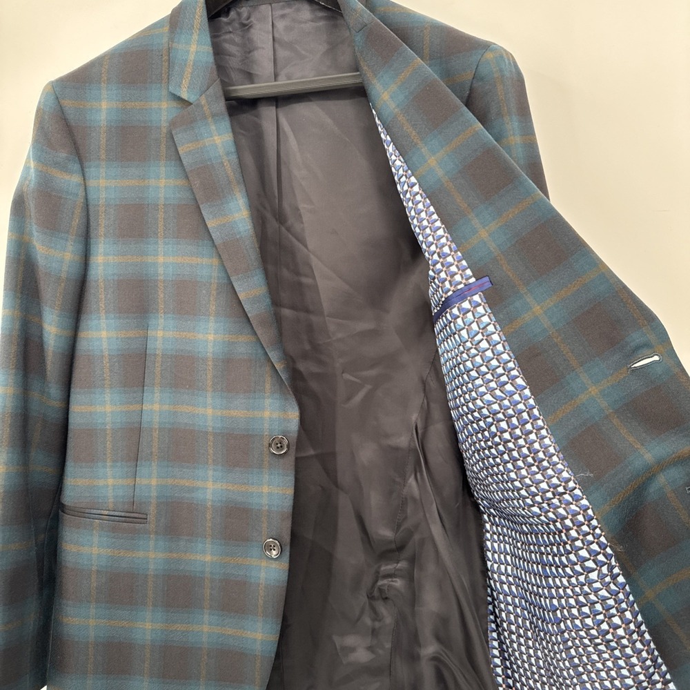 Paul Smith London Men 42/52 Teal Black Windowpane Wool Sport Coat Portugal - Picture 3 of 14